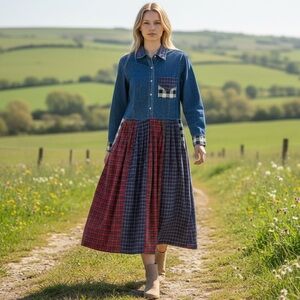 Reconstructed Midi Shirt Dress Sz S Denim Plaid Flannel Hand Made
